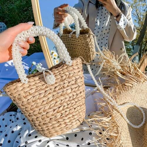 Fashion Rattan Pearls Handle Women Handbags Wicker Woven Beading Shoulder Crossbody Bags Summer Beach Straw Bag Small Bucket Bag