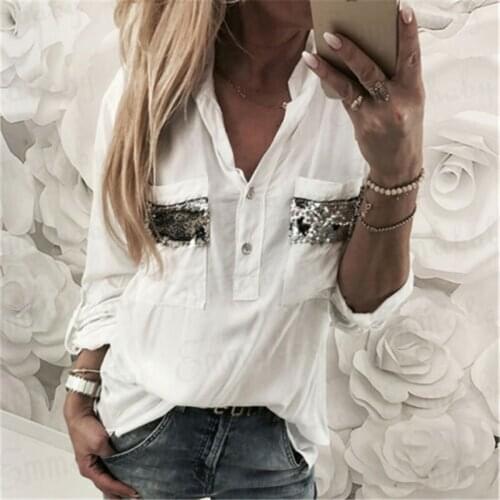 2019 Fashion White Women Shirt Casual Sexy Sequins Long Sleeve V-Neck Blouses Shirt Female Tops Casual Shirt Office Lady Blouses