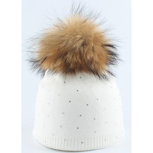 Winter Hat Kid Boy Girl Knit Cashmere Rhinestone Beanie Real Raccoon Fur Pompom Autumn Warm Outdoor Skiing Accessory For Baby