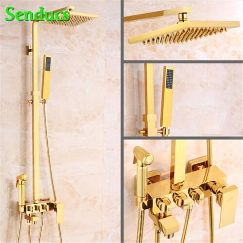 Senducs Gold Shower Set Square Top Shower Faucet High Quality Brass Bathroom Shower System Hot Sale Bath Shower Set