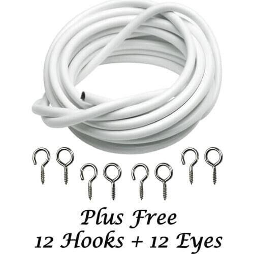 10m Net Curtain Wire White Window Cord Cable With FREE HOOKS & EYES Easy to cut For Caravans Boat