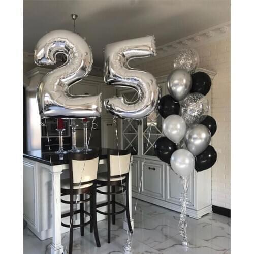 14pcs black Silver Number Balloons boy girl 25th Birthday party celebrate Balloon Girl 25th Years Old Party Decorations supply