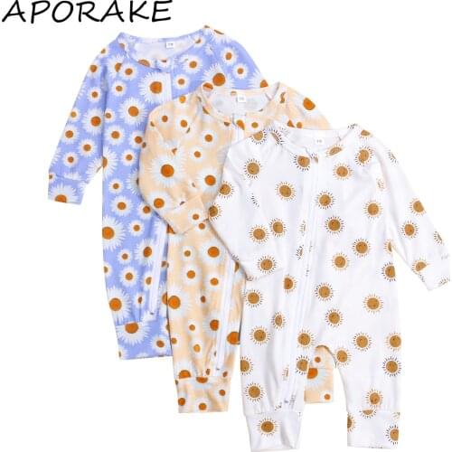 2021 0-24M Sweet Infant Baby Girl Jumpsuit Spring Fall Clothing Daisy Floral Print Long Sleeve O Neck Romper Cotton Sleepwear