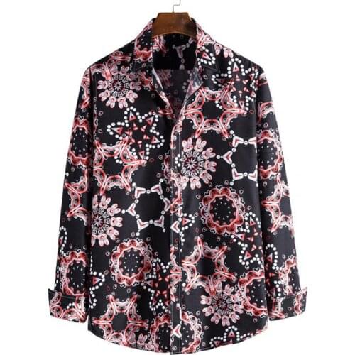 50%HOTSummer Shirt Floral Print Lapel Men Long Sleeve Buttons Buttons for Party