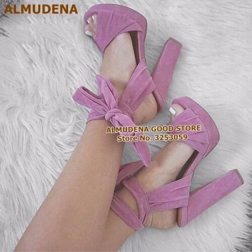 ALMUDENA Pink Suede Chunky Heels Bowtie Sandals Platform Dress Pumps Lace-up Butterfly-knot Wedding Shoes Thick Heel Daily Shoes