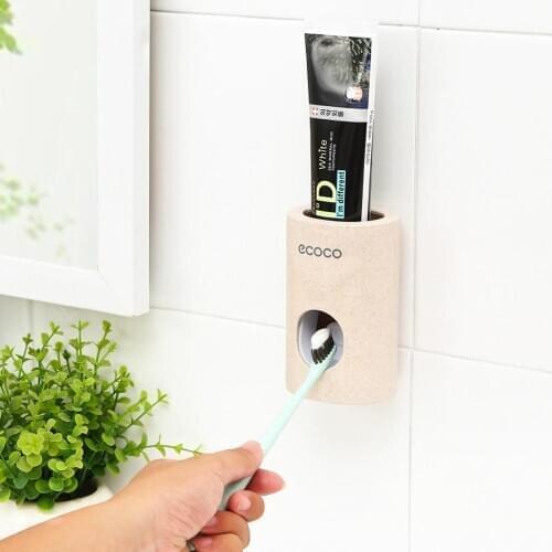 FENGRISE Automatic Toothpaste Dispenser Dust-Proof Toothbrush Holder Wheat Straw Wall Mounted Home Squeezer Bathroom accessories