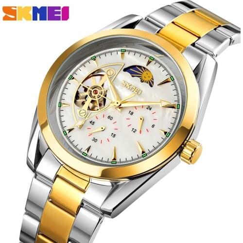 Original Automatic Watch Men Luxury Stainless Steel Mechanical Wristwatches Fashion Business Moon Phase 24 Hour Clock SKMEI 2021