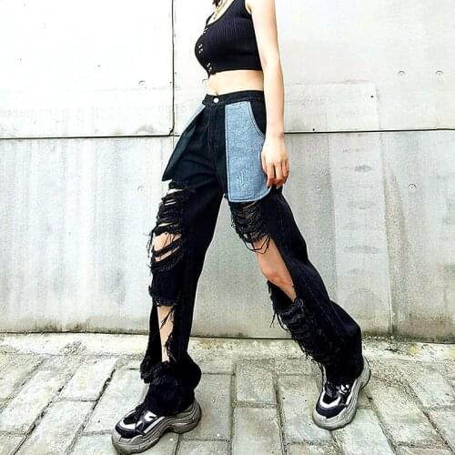 Black BF Ripped Holes Denim Jeans Harajuku Women Spring Summer Hip Hop Pants Denim Trousers Hollow Out Splice Denim Jeans SY127