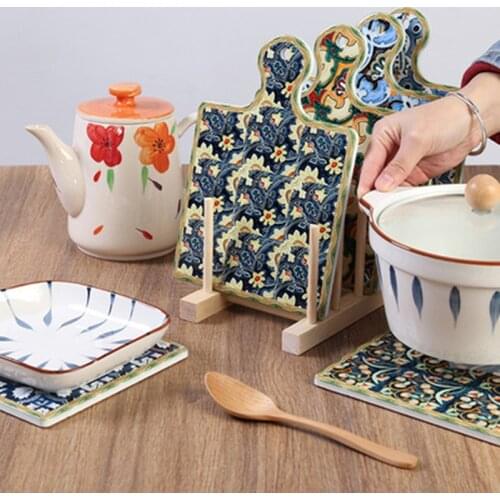 Kitchen Ceramic Mat Square Long Handle Insulation Pad Punching Design Protection Plate Retro Pattern Kitchen Equipment Accessori