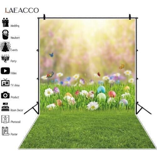 Laeacco Spring Flower Grass Floor Easter Eggs Photography Backdrop Light Bokeh Chick Baby Portrait Party Background Photo Studio