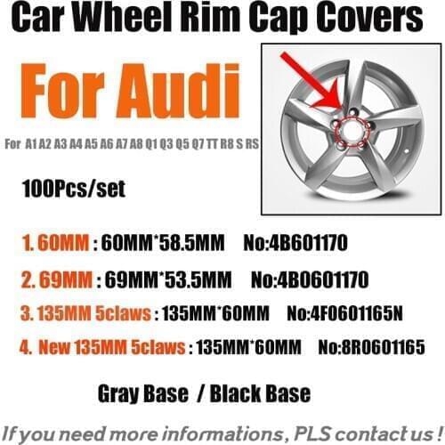 Hot Original 100PCS 60mm 69mm 135mm 5CLAWS ABS Gray/Black Car Wheel Rim Badge Covers Wheel Center Cap For Audi A1 A2 A3 A4 A6 A5