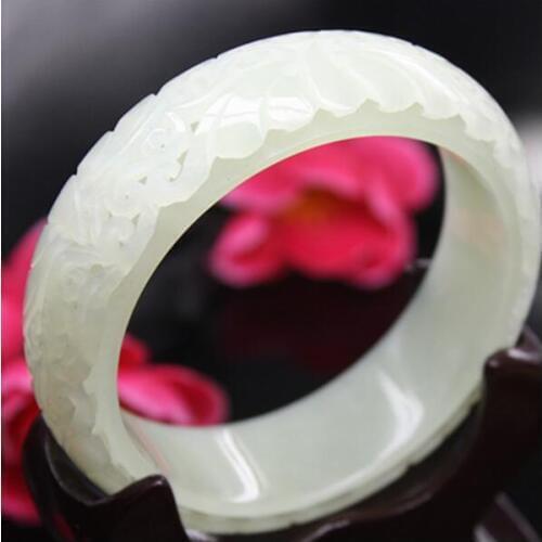 Natural Green Hetian Jasper 3D Carved Women Amulet Nephrite Jades Jewelry Bangles