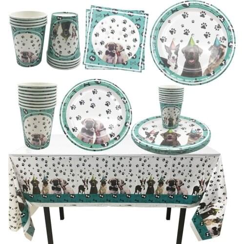 JQSYRISE Pet Party Decoration Animal Dog Disposable Tableware Paper Plates Cups Napkins Tablecloth Happy Birthday Party Supplies