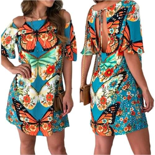 Sweet Butterfly Print Dress Women Plus Size Summer Sexy Off Shoulder Boho Beach Dress Sundress Loose Casual Mini Dress Vestidos