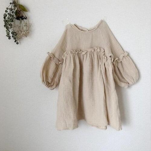 Baby Girls Dresses Kids Cute Cotton Linen Puff Sleeve Long Sleeve O-neck A-line Korean Dress Summer Princess Dresses For Girls