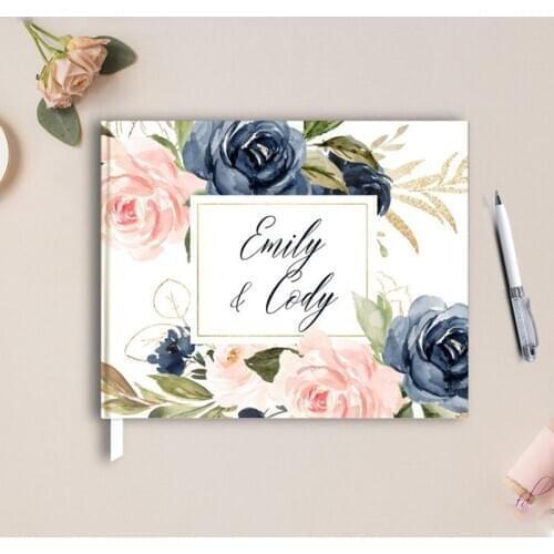 Custom Wedding Guest Book Blush and Navy Floral Gold Foil Wedding Guest Book Photo Album for Rustic Romantic boho Wedding