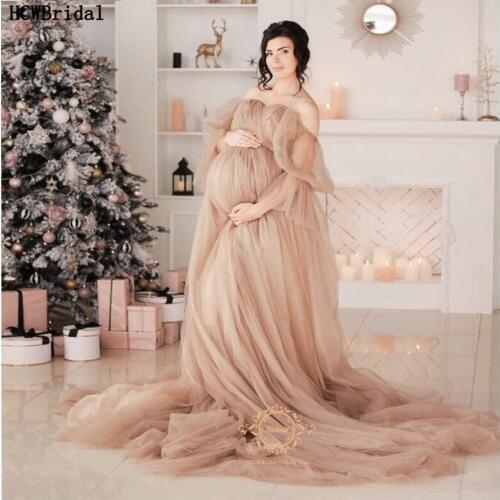 Plus Size Pregnant Women Evening Dress Champagne Off The Shoulder Long Sleeves Corset Long Formal Dresses Mother And Daughter