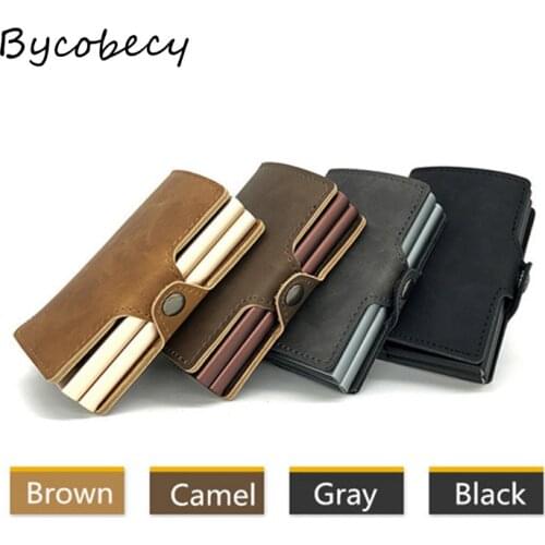 Bycobecy Luxury Pu Leather Brand Black Magic Wallet Alumium Alloy Business Casual Men Purse Metal Double Box Card Holder Bag