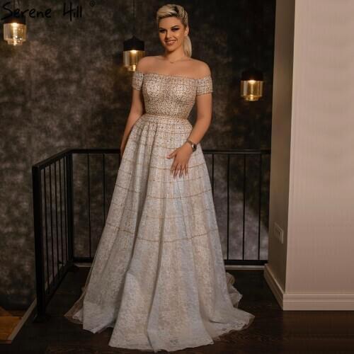 Serene Hill Silver Off Shoulder Evening Dress 2021 Dubai A-Line Beadings Women Formal Party Wear Gown Prom Dresses CLA70263
