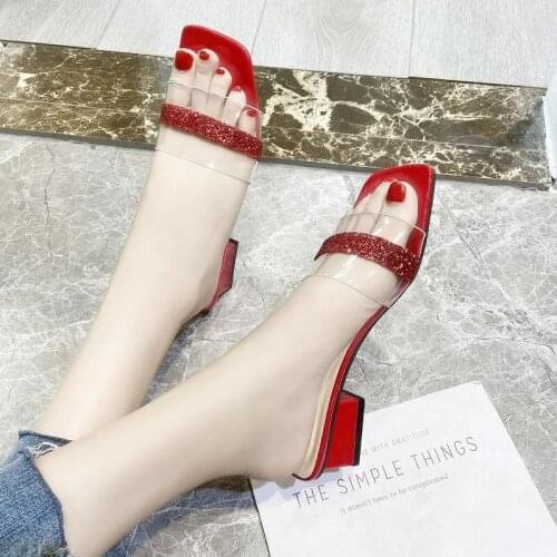 Summer Outdoor Luxury Sequins Glitter Slippers Designer Candy Color Mules Shoes Fashion Clear High Heels Women Sexy Party Pumps