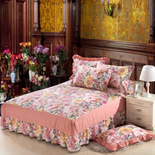 Comfortable Cotton Floral Ruffle Twill King Bedding With Skirt Bedspread Mattress Cover Princess Bed Skirt & Ruffle Pillowcase