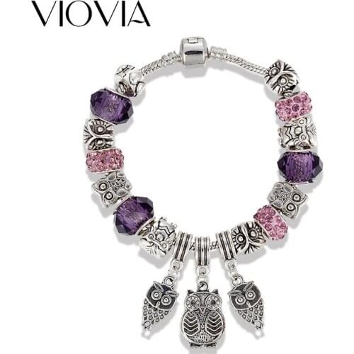VIOVIA 2019 New Vintage Jewelry Owl Bracelet & Bangles Antique Crystal Beads Rhinestone Charm Pendant Bracelet for Women B15004