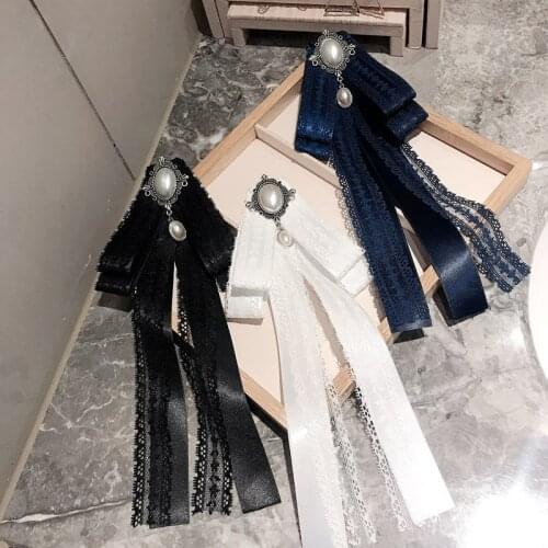 New Vintage Lace Long Bow Brooch Pearl Ribbon Bow Tie Collar Pin Shirt Lapel Pins Fashion Jewelry Brooches for Women Accessories