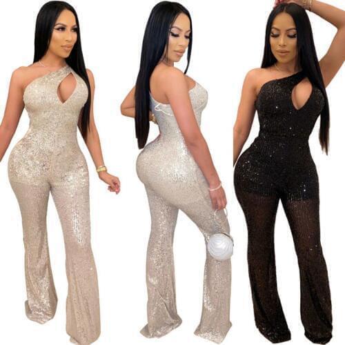 2020 Fashion Sexy Women Jumpsuits Rompers Sexy Stretch Sequined Slant-Shouldered Wide-Leg Pants Casual Evening women bodysuit
