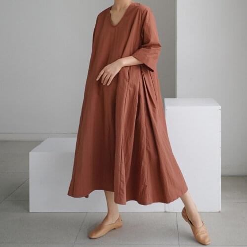 Johnature Summer New V-neck Pockets Women Dresses 2021 Korean Simple Loose Half Sleeve 4 Colors Female Dress