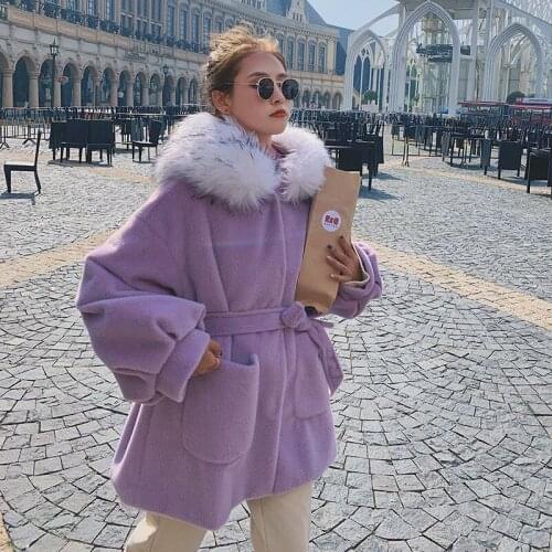 Bella Philosophy new Winter Thick Warm Woolen Coats Vintage Blends Cashmere Coat Casual Female Faux Fur Collar Hooded Outwears