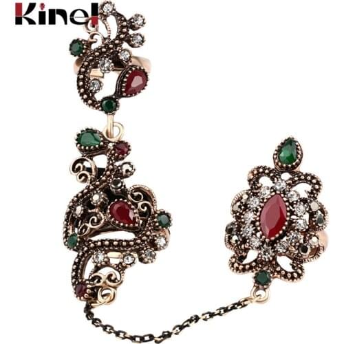 New Turkish Jewelry Vintage Ring Hollow Out Flower Color Antique Gold Arrival Adjustable Two Finger Rings For Women Party Gift