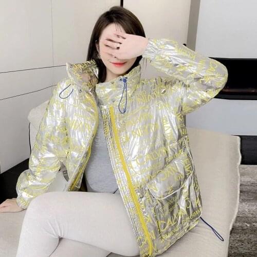 2021 Fashion Winter White Duck Down Coats Womens Glossy Letter Printing Down Jackets Woman Short Stand-up Collar Down Parka Coat