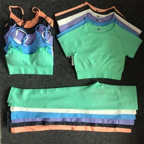 3/PCS Yoga Set Workout Seamless Women Sportswear Gym Clothing Sports Suits Fitness Short Sleeve Crop Top High Waist Leggings