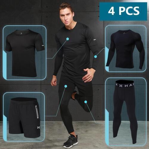 4PCS Reflective Running Set Men Compression Basketball Tights Quick Dry Gym Fitness Sportswear Soccer Jogging Running Dress Suit