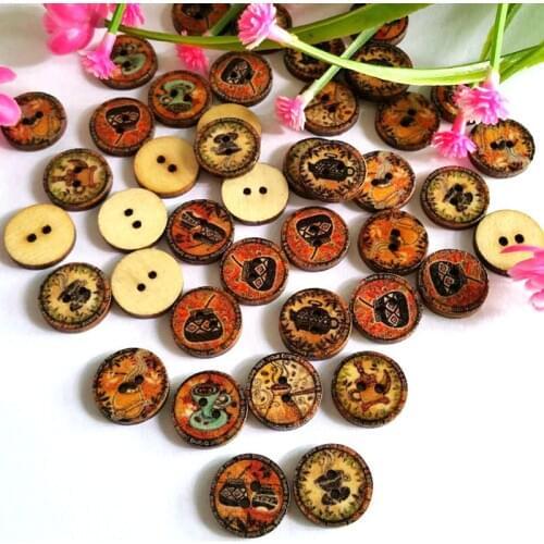 50 PCS/set DIY Novelty Retro print 2 Holes 15mm Clothes Wooden Buttons Scrapbooking Knopf Buttons Sewing Accessories