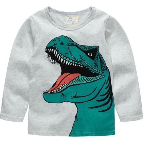 Jumping meters long sleeves autumn t shirts for boys kids hot selling cartoon clothes with printed a big dinosaur top quality