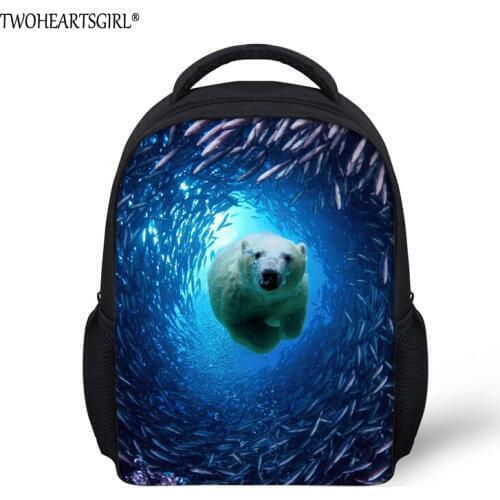 TWOHEARTSGIRL Ocean Polar Bear Print Backpack for Kids Blue 12inch Preschool Kindergarten Bookbags Mochila Student School Bags