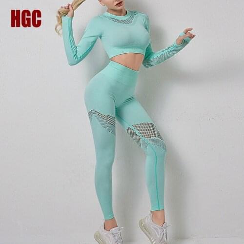 HGC Yoga Set Women 3 Piece Long Sleeve Running Top And Leggings High Waist Gym Sportwear Elastic Sexy Sport Workout Fitness Suit