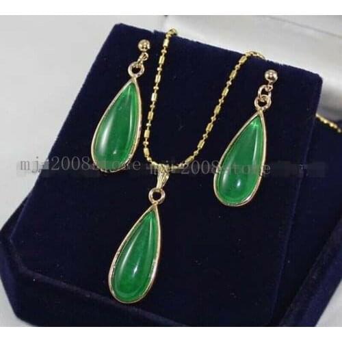 Hand Inlay Natural Green Jade Necklace Pendant earrings Set AAA Top Grade