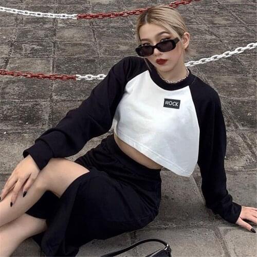 All-Match Women Long Sleeve Patchwork Crop Tops Casual Contrast Color Letter Round Neck Exposed Navel T-Shirt Spring Autumn