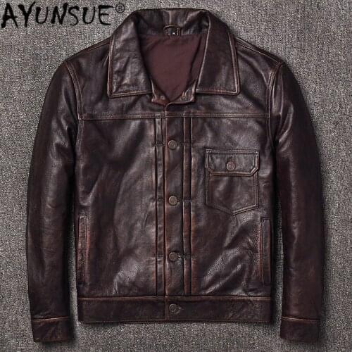 AUNSUE Leather Coats for Men material of Real Cow Leather 2020 Spring New Jacket Men Style of Moto&Biker Slim Vintage 1723