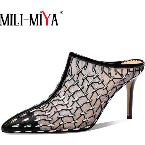 MILI-MIYA Stiletto High Heels Bling Mules Sandals Women Summer Fashion Pointed Toe Slides Patchwork Holiday Prom Wedding Shoes