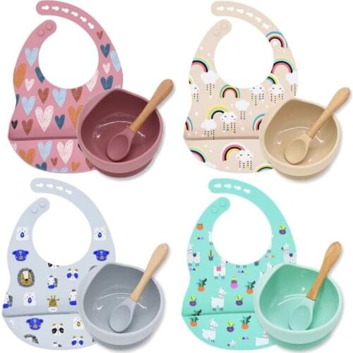 3Pcs Baby Silicone Bib Bowl Spoon Rainbow Print Heat-resistant Waterproof Adjustable Burp Cloth Toddler Feeding Tableware Set