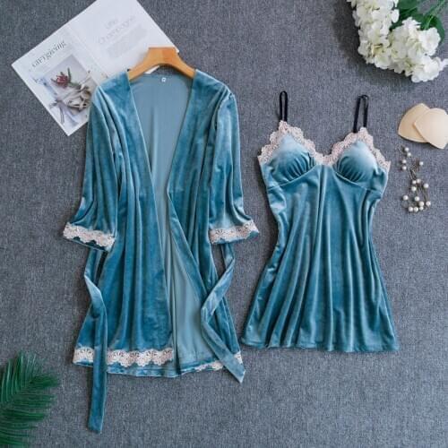Autumn Winter Pajama With Chest Cushion Golden Velvet Suspenders Pajama Robe Can Coat Korea Velvet Sexy Home Wear Халат