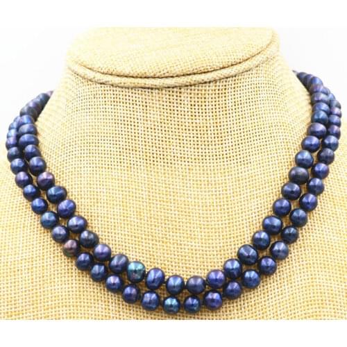 Hot Beautiful 2 row 7-8mm Black Freshwater Pearl Necklace 17-18" HH