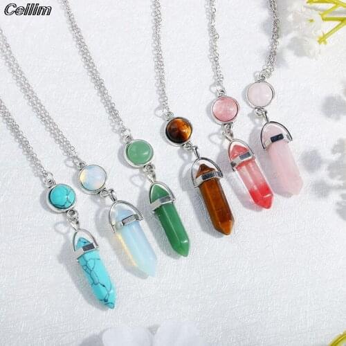 Natural Stone Necklace Crystal Pendant Necklaces Hexagonal Bullet Reiki Chakra Real Raw Pink Purple Gem Women Jewelry Wholesale