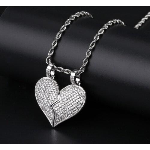S925 Sterling Silver Hip Hop AAA CZ Stone Paved Bling Ice Out Solid BFF Heart Pendants Necklaces for Men Rapper Jewelry