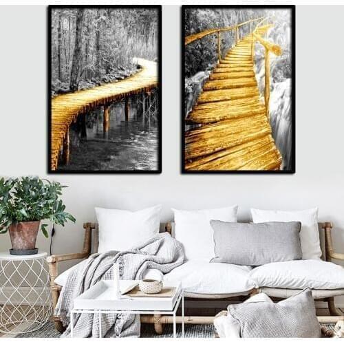 SVITY Nordic Style Landscape Canvas Art Print Painting Poster, White and Black gold bridge Wall Pictures for Home Decor FA665