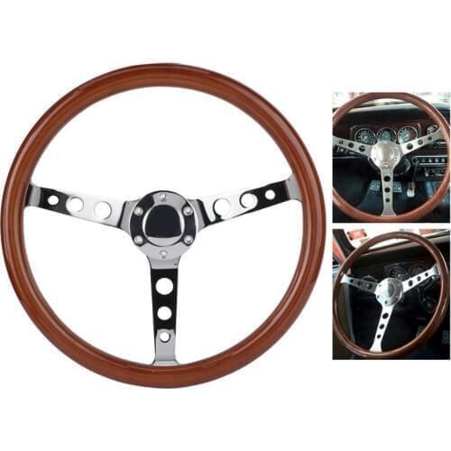15in 6-Hole Steering Wheel Retro Mahogany Wood Grip Stainless Steel Spoke with Horn Cover Cable Car accessories