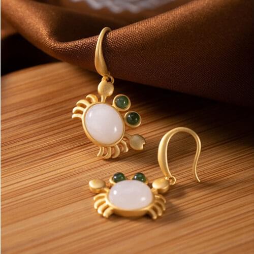 Silver inlaid natural Hetian white jade small crab Earrings Chinese style retro fresh romantic charming womens brand jewelry